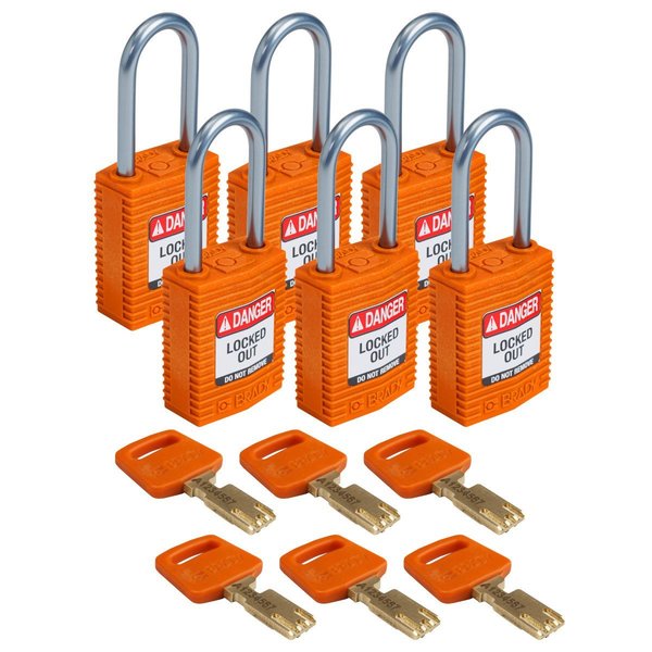 Brady Compact SafeKey Key Retaining Nylon Padlock 1.5in Aluminum Shackle KD Orange 6PK CPT-ORG-38AL-KD6PK